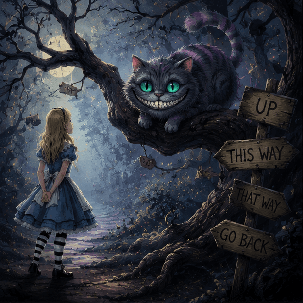 The Cheshire Cat's path through Wonderland — Alice in Wonderland cover art for the Saylia podcast
