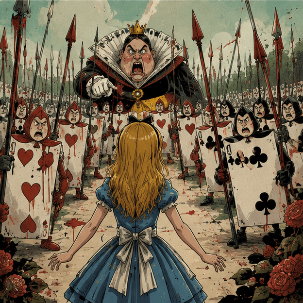 Alice facing the Queen of Hearts and her army of cards — Alice in Wonderland cover art for the Saylia podcast
