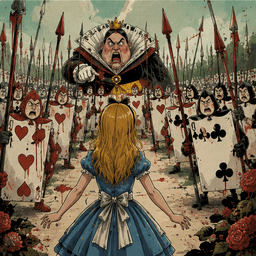 Alice facing the Queen of Hearts and her army of cards — Saylia Alice in Wonderland podcast cover art