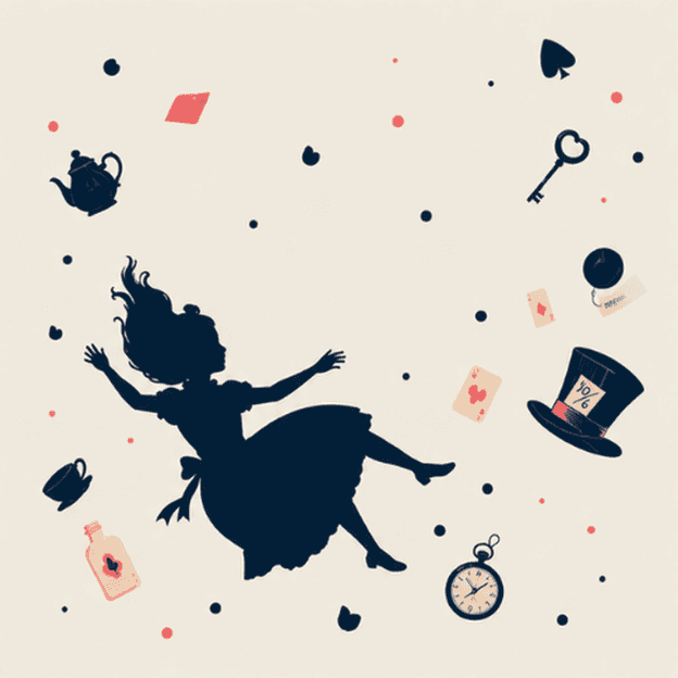 Alice falling in silhouette amid a teapot, playing cards, a key, a top hat and a pocket watch — Alice in Wonderland cover art for the Saylia podcast