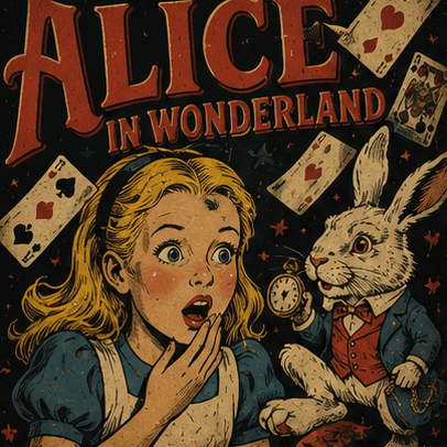 A startled Alice and the White Rabbit on a vintage pulp-style Alice in Wonderland cover — cover art for the Saylia podcast