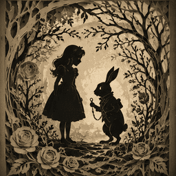 Alice meeting the White Rabbit in a papercut silhouette — Saylia Alice in Wonderland podcast cover art