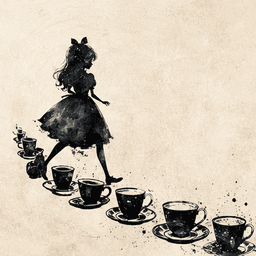 Alice stepping across a row of teacups in a papercut silhouette — Saylia Alice in Wonderland podcast cover art
