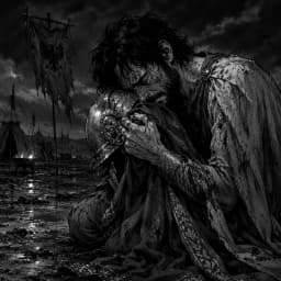 A lone figure grieving on a moonlit Mediterranean shore — Antony and Cleopatra cover art for the Saylia podcast