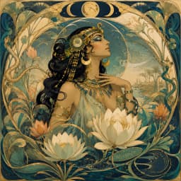 Cleopatra's profile layered beneath three moons in different phases — Antony and Cleopatra cover art for the Saylia podcast