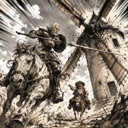 Don Quixote charging a windmill on the plains of La Mancha — Saylia Don Quixote podcast cover art
