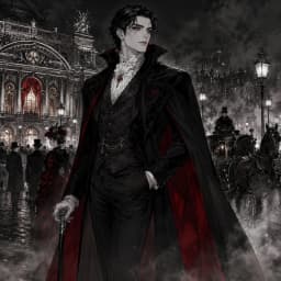 A dark figure at a lit doorway in the London fog — Saylia Dracula podcast cover art