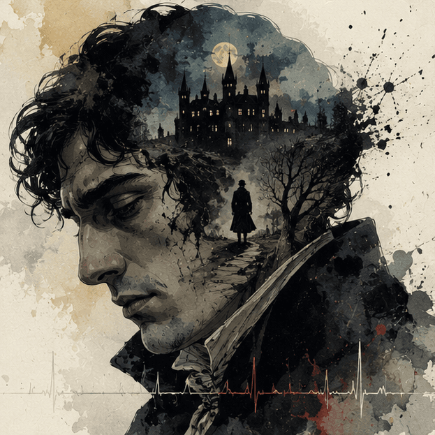 Victor Frankenstein brooding, a moonlit castle in his hair — Frankenstein book-cover artwork for the Saylia podcast