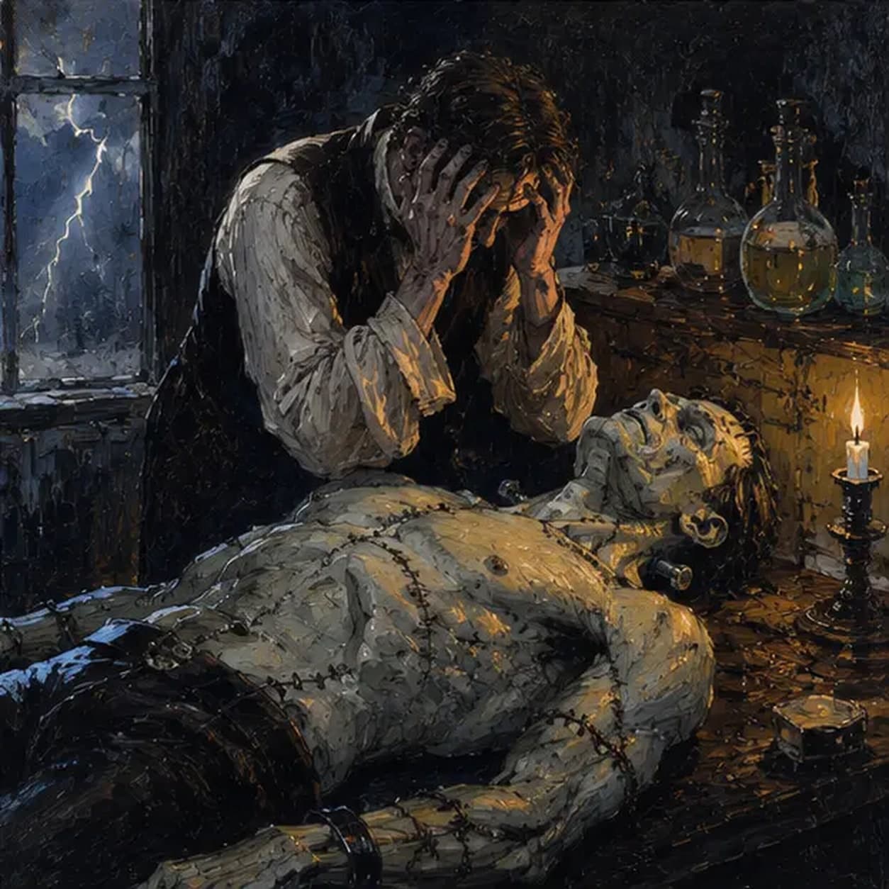 Victor Frankenstein, head in his hands, recoiling from the creature he has just brought to life — Frankenstein book-cover artwork for the Saylia podcast