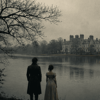 Two figures before a great house across a misty lake — Pride and Prejudice cover art for the Saylia podcast