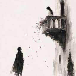 Romeo beneath Juliet's moonlit balcony, the wall between them — Saylia Romeo and Juliet podcast cover art
