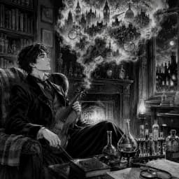 Sherlock Holmes slumped in his chair between cases amid his chemical apparatus — The Adventures of Sherlock Holmes cover art for the Saylia podcast