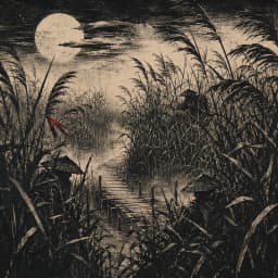 A figure half-hidden among reeds at dusk — Saylia Art of War podcast cover art