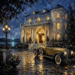 Gatsby's gleaming yellow car at the mansion — Saylia The Great Gatsby podcast cover art