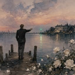 Gatsby on the dock reaching for the light — Saylia The Great Gatsby podcast cover art