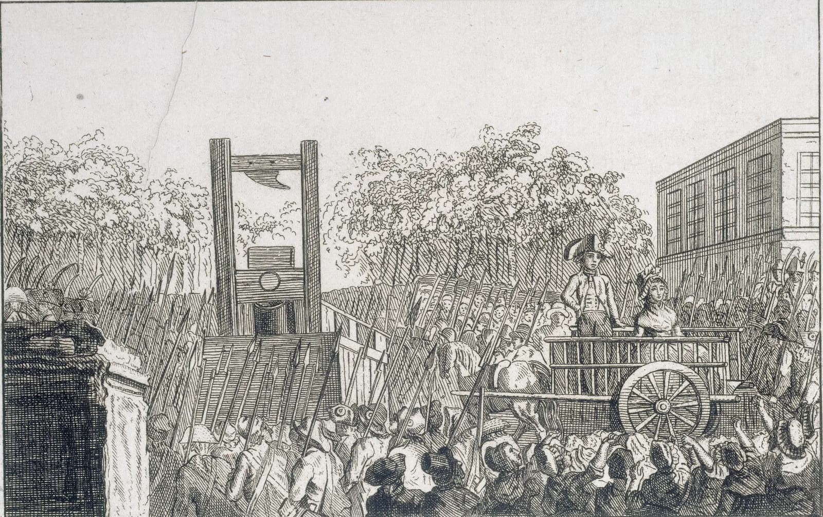 An eighteenth-century engraving of a crowded Paris square, with a guillotine on its scaffold at left and a cart carrying a condemned woman through a crowd of raised pikes at right