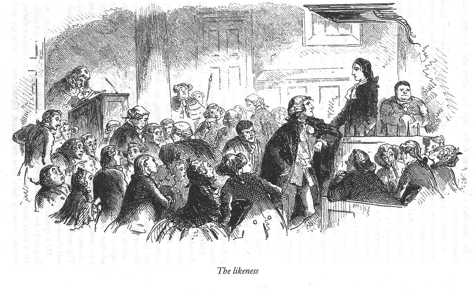 An 1859 etching of the Old Bailey courtroom, the prisoner in the dock and a barrister below him, the crowded gallery looking on
