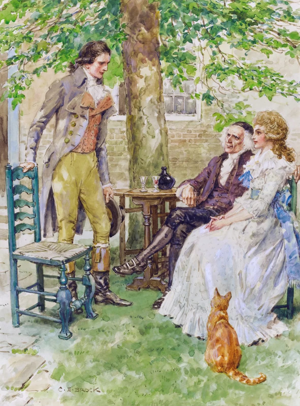 An early twentieth-century watercolour of Doctor Manette seated with Lucie beside him and Charles Darnay standing at the table in the Soho house