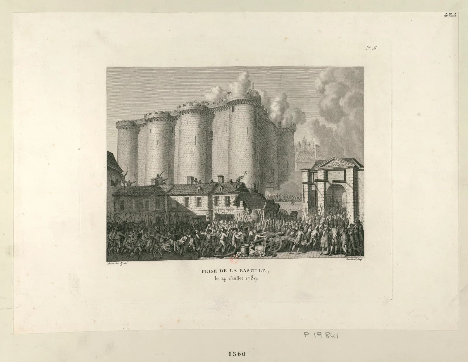 An engraving of the storming of the Bastille on 14 July 1789, smoke over the towers and a crowd with pikes and muskets pressing across the drawbridge