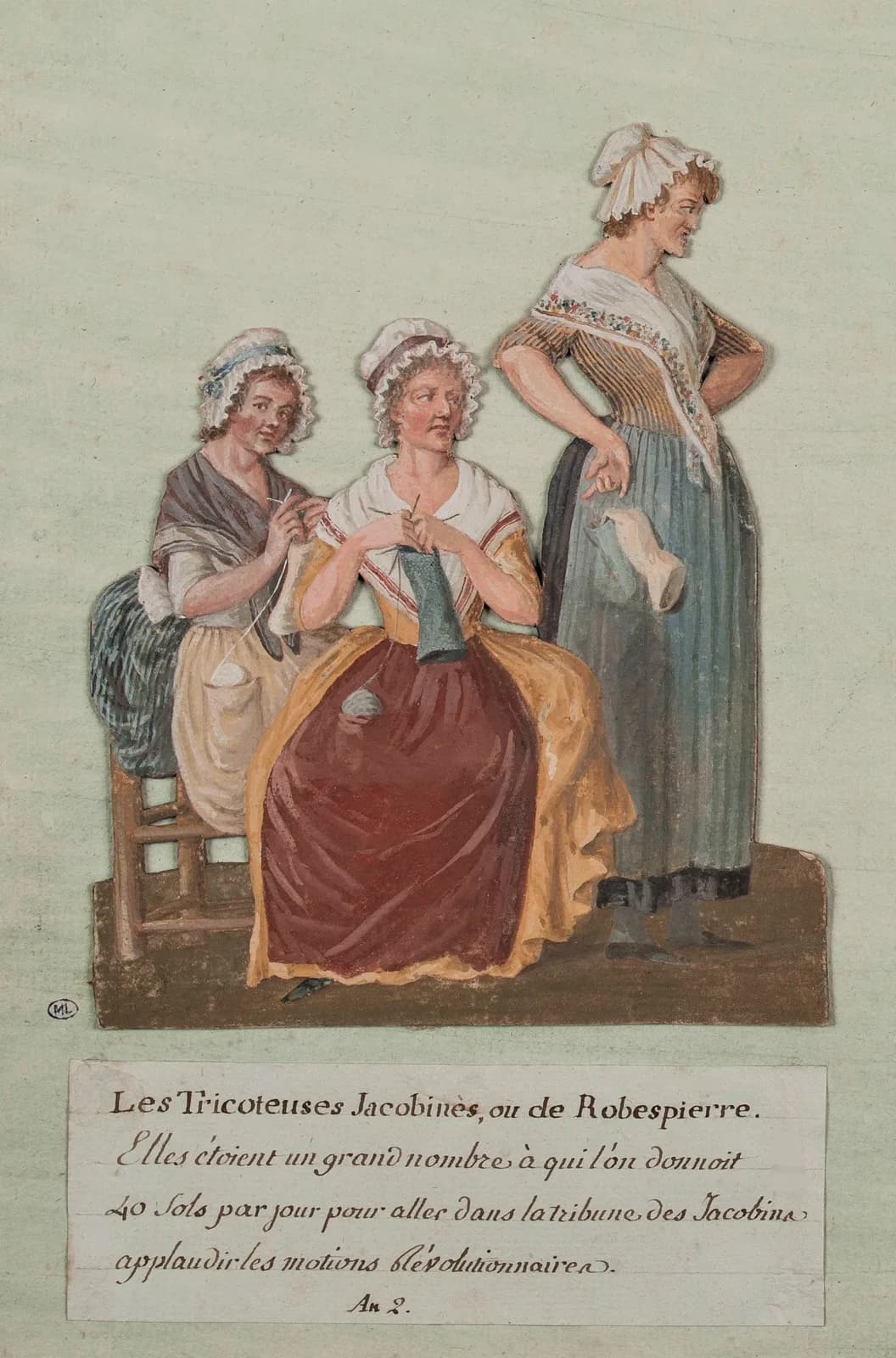 A 1793 gouache of three Revolutionary women seated together with their knitting, one in a striped skirt and cockaded cap