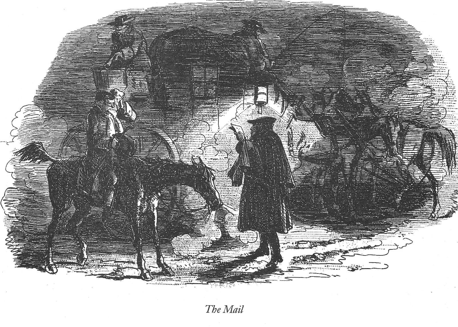 An 1859 etching of the Dover mail struggling uphill through mud and mist at night, the guard on the step and the passengers walking beside the coach