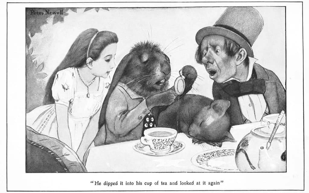 Peter Newell's 1901 illustration of the Hatter dipping his watch in his cup of tea, with Alice, the March Hare and the Dormouse at the table