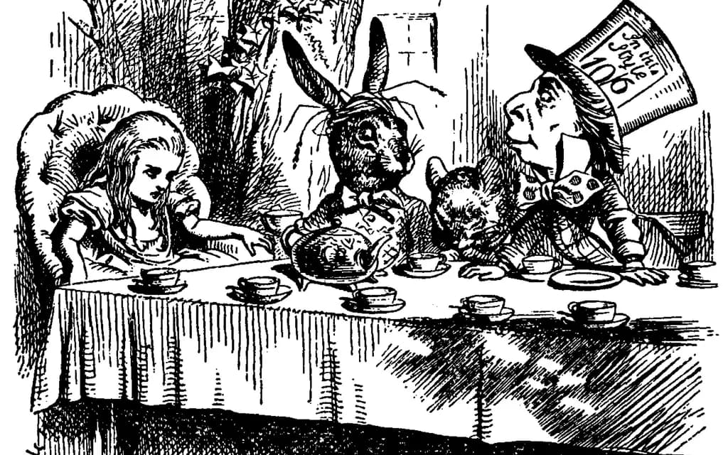 John Tenniel's illustration of the mad tea-party: Alice at the table with the March Hare, the sleeping Dormouse and the Hatter