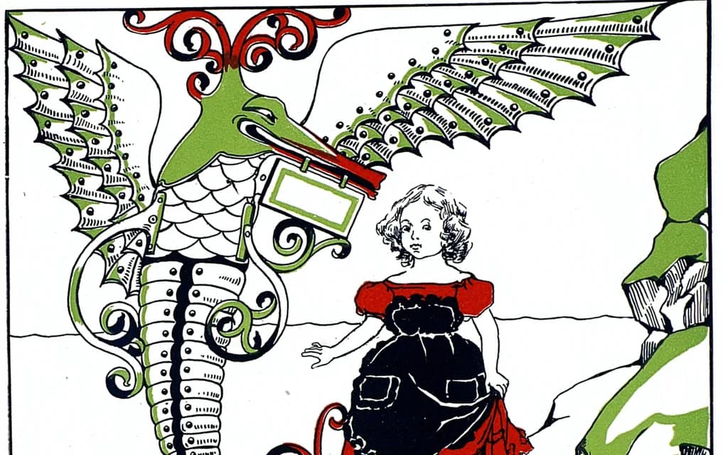 Blanche McManus's 1899 colour plate of Alice standing before the winged Gryphon