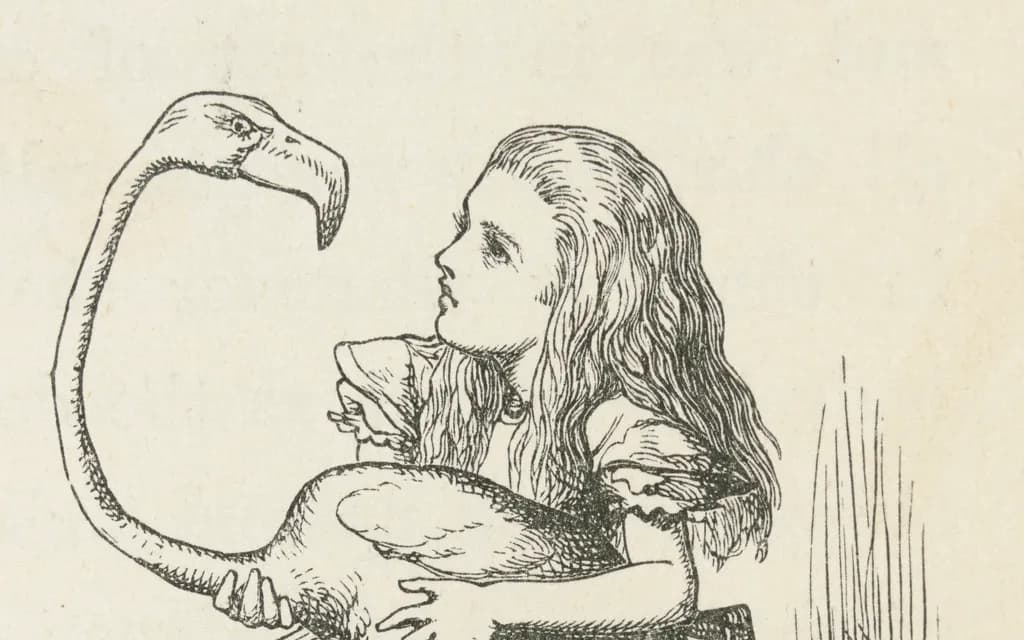 John Tenniel's illustration of Alice holding a flamingo under her arm on the Queen's croquet-ground
