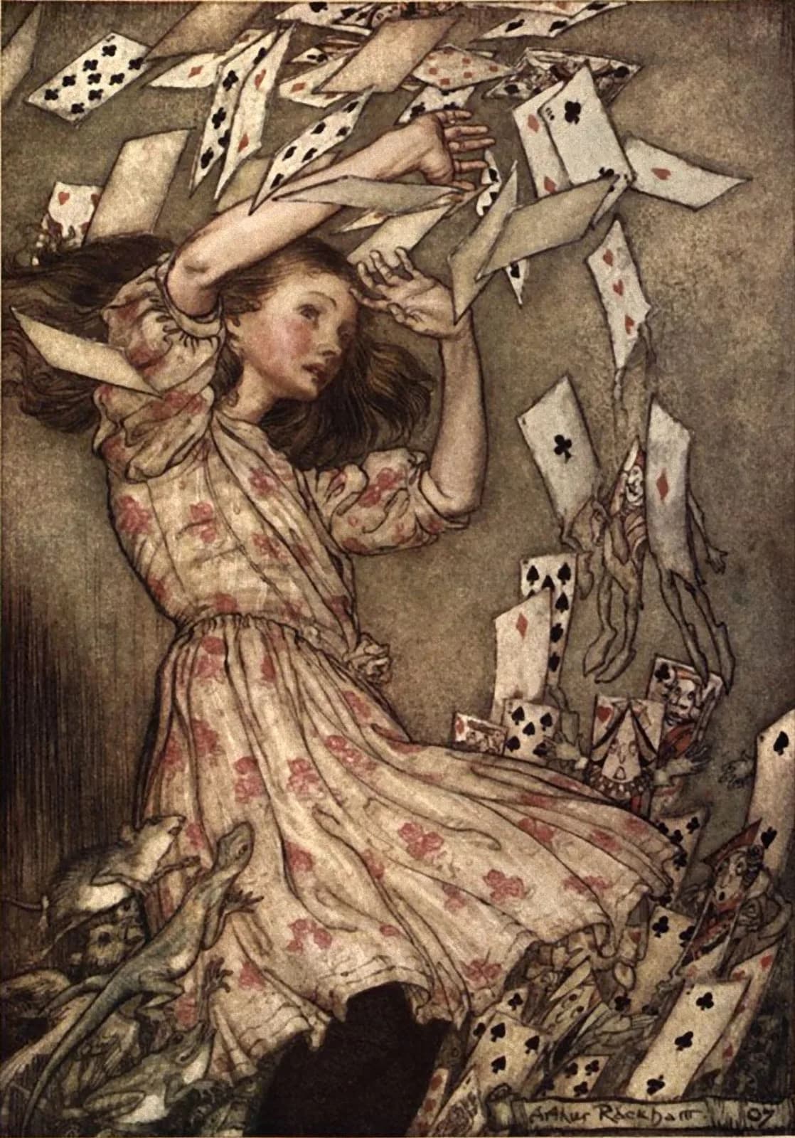 Arthur Rackham's colour illustration of Alice in a pink-flowered dress throwing her arms up as a whirl of playing cards flies down at her, with small animals at her feet