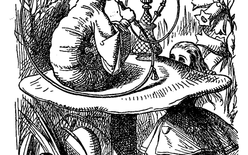 John Tenniel's illustration of the blue Caterpillar smoking a hookah on top of a mushroom, with Alice looking over the edge