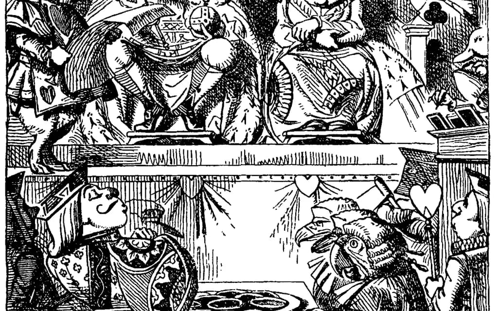 John Tenniel's frontispiece to Alice's Adventures in Wonderland: the King and Queen of Hearts on the bench at the trial of the Knave