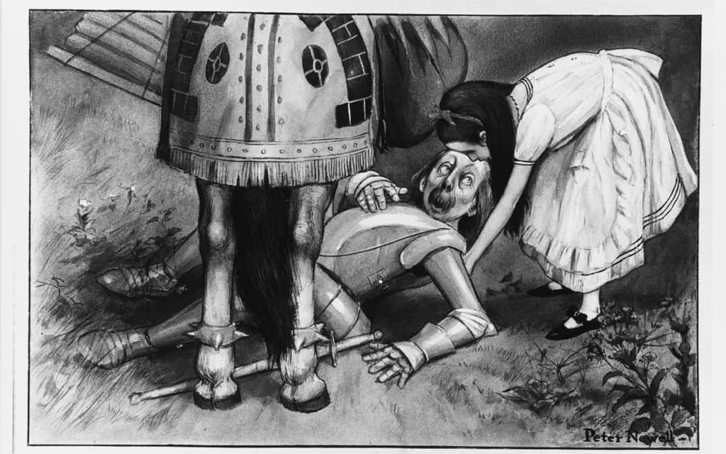 Peter Newell's 1902 illustration of Alice kneeling to help the fallen White Knight up after he tumbles from his horse