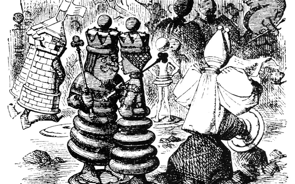 John Tenniel's illustration of the living chessmen from Through the Looking-Glass, kings and queens walking among the fire-irons
