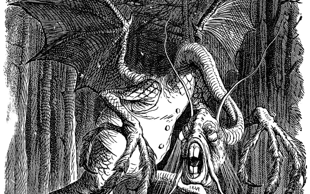 John Tenniel's illustration of the Jabberwock, a winged beast with a long neck and clawed hands, in the tulgey wood