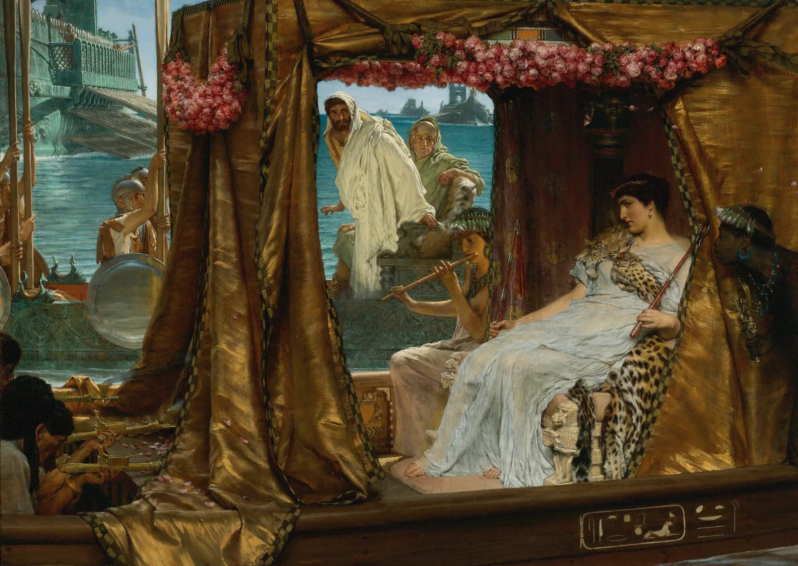 Alma-Tadema's painting of the meeting at Cydnus: Cleopatra reclines in a gold-curtained barge hung with roses, watched from a second ship by Antony, while a boy plays the double flute at her feet and rowers work at the left