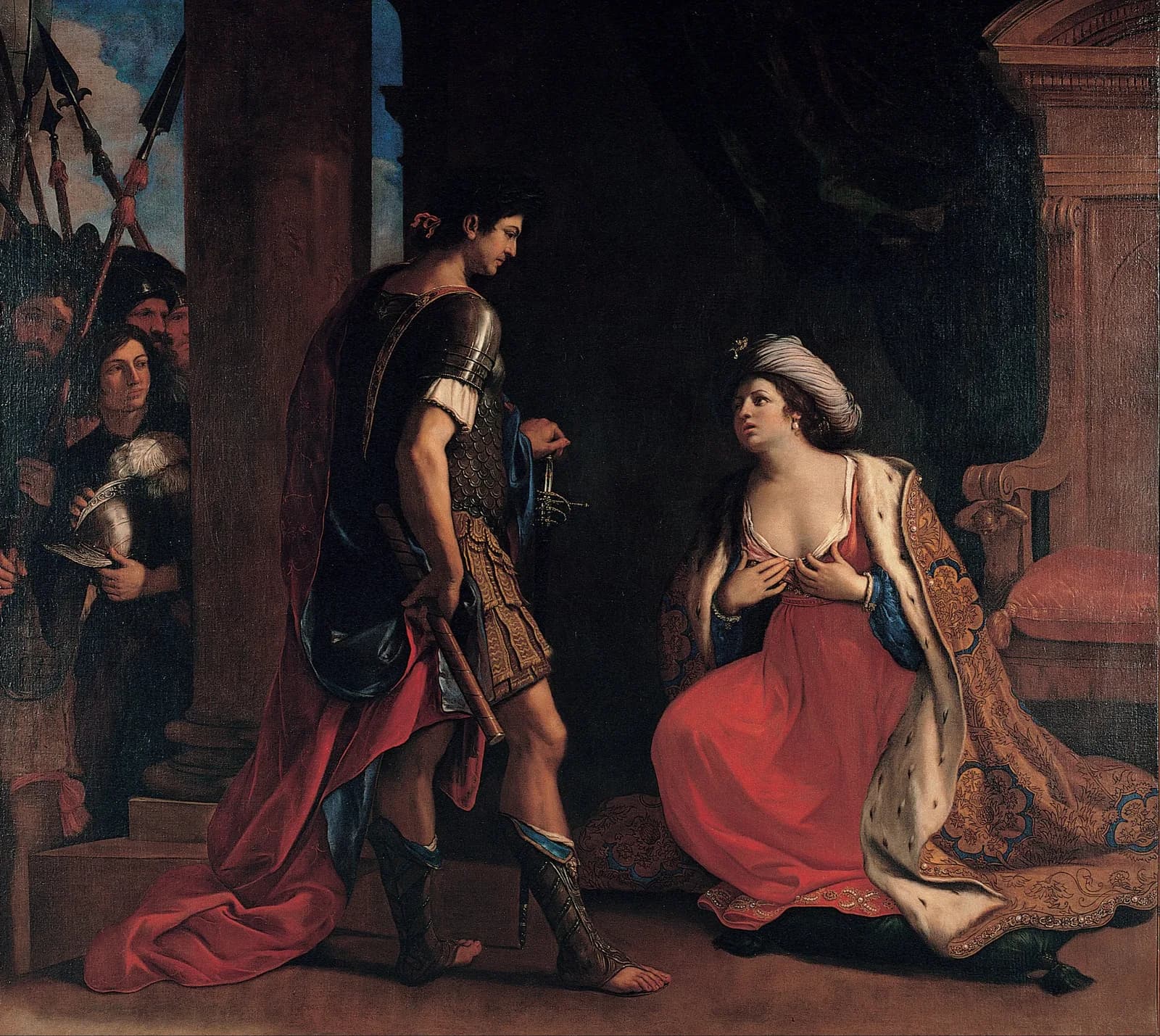 Guercino's painting of Cleopatra kneeling before Octavian: she looks up at him in a red gown and ermine-lined cloak with one hand at her breast, while he stands over her in Roman armour with a baton, his soldiers waiting in shadow behind a column
