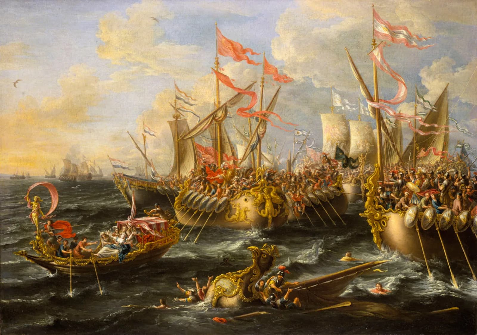 A seventeenth-century painting of the Battle of Actium: two ranks of gilded war galleys crowded with shielded soldiers collide under red banners, men swim among broken oars in the foreground, and a small canopied barge pulls away to the left