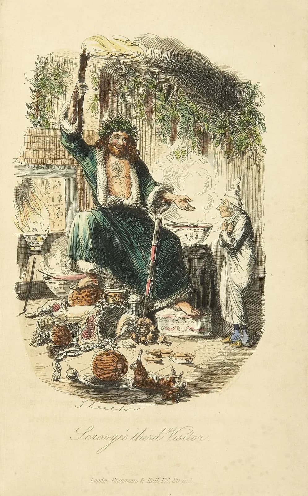 A hand-coloured etching of Scrooge meeting the Ghost of Christmas Present, a bare-chested giant in a fur-trimmed robe seated on a heap of food and holding a torch