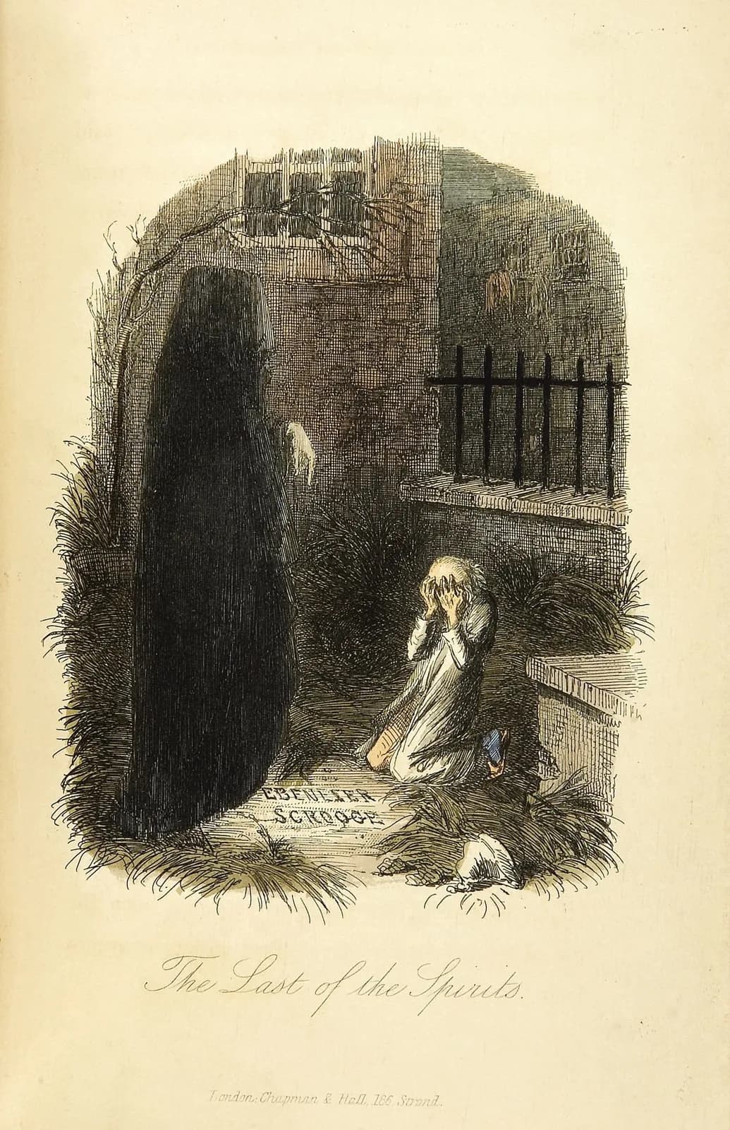 A hand-coloured etching of Scrooge kneeling with clasped hands before the last of the spirits, a tall hooded figure in a black shroud whose only visible feature is one outstretched hand