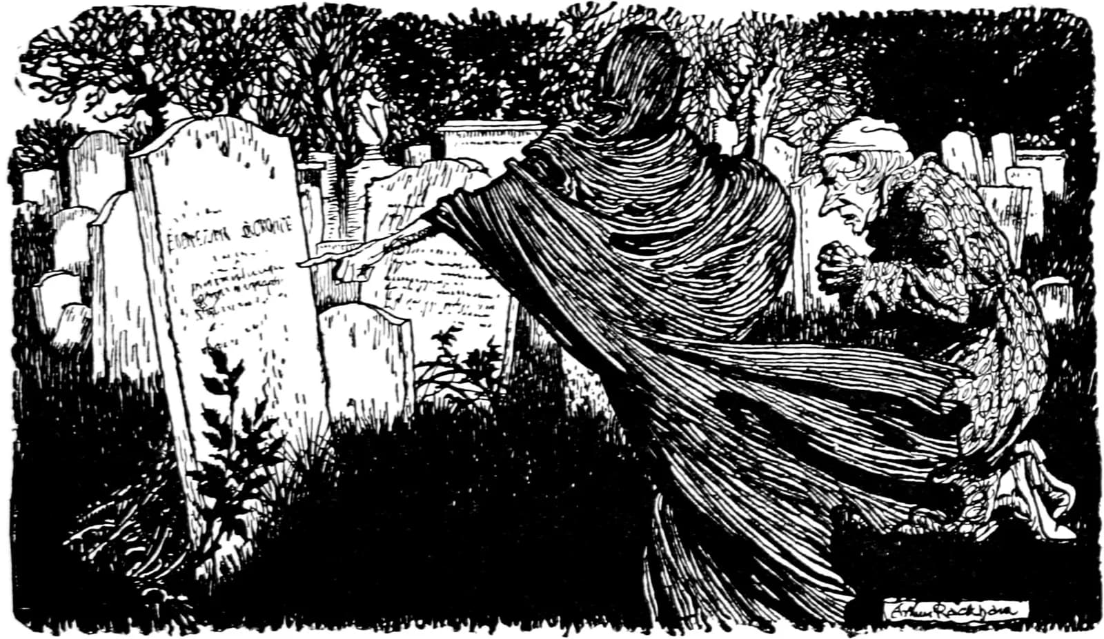 A black and white drawing of a hooded phantom standing among gravestones in a neglected churchyard, one hand extended towards a headstone