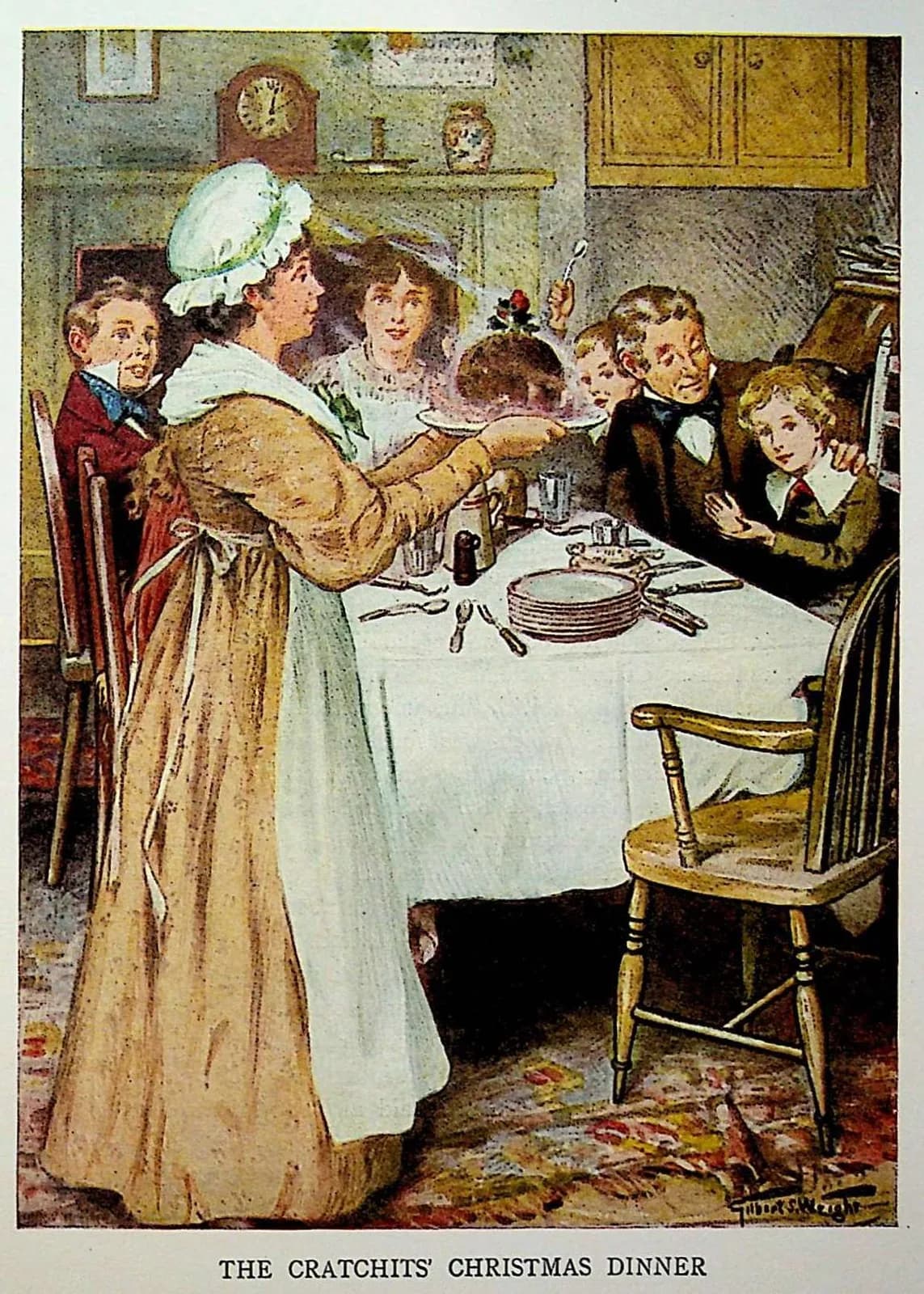 A colour illustration of the Cratchit family crowded round their Christmas dinner, the mother carrying the pudding to a table of children in a small parlour