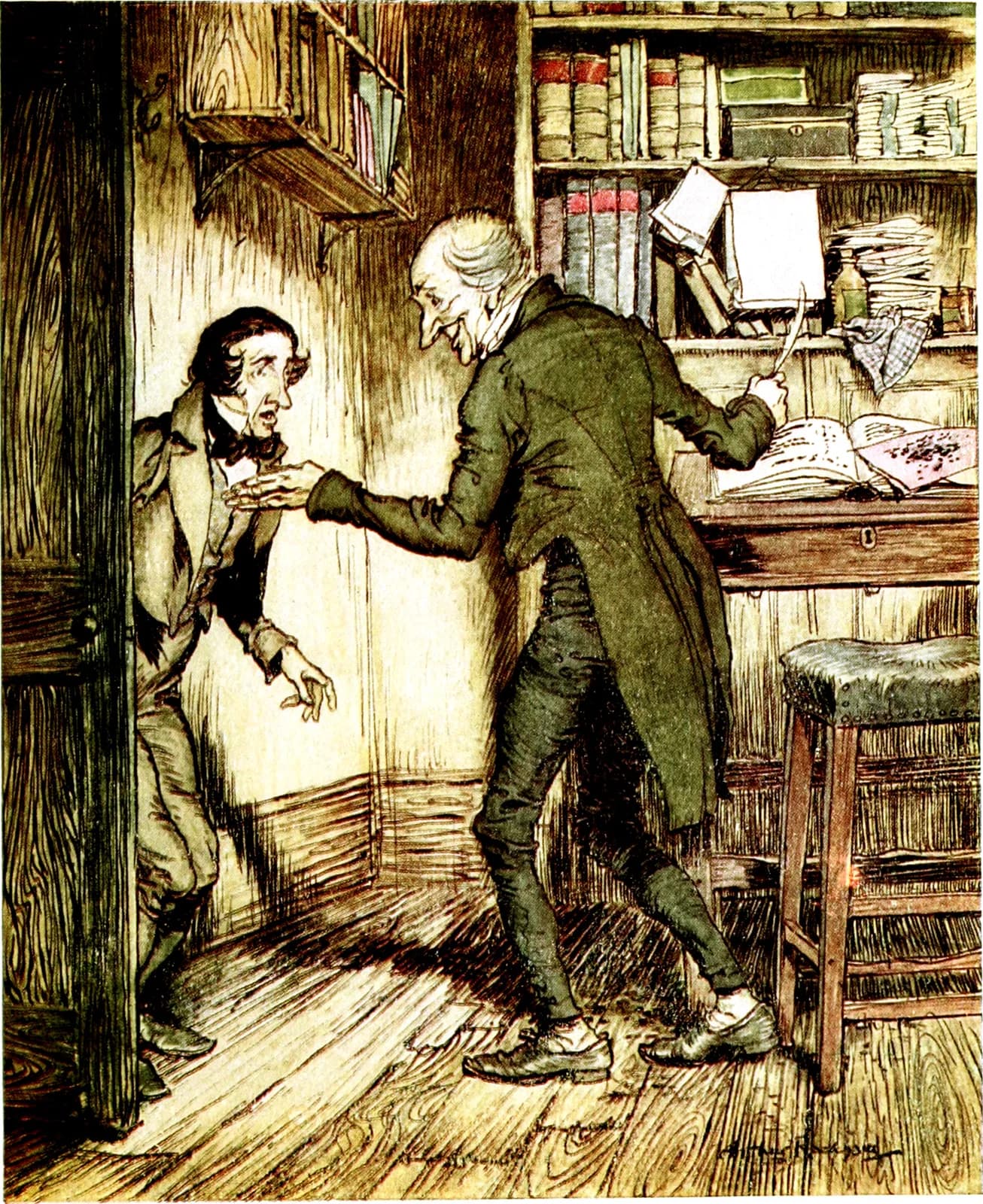 An illustration of a cold counting-house: an old man in a long coat at a tall desk piled with ledgers, his clerk edging in through the door behind him