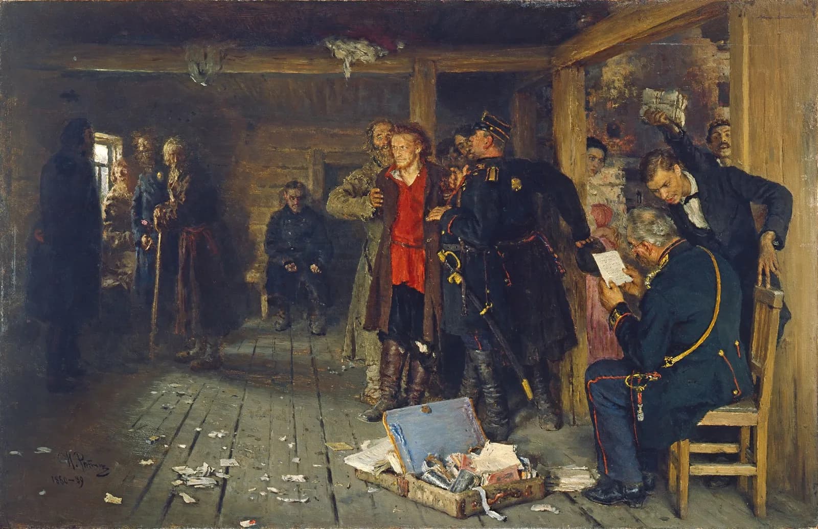Ilya Repin's painting Arrest of a Propagandist: a young man held by police officers in a crowded peasant room while an official searches papers at a table
