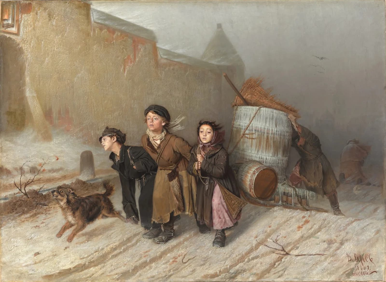 Vasily Perov's painting Troika: three ragged children harnessed together, hauling a barrel of water on a sledge through a Russian winter street
