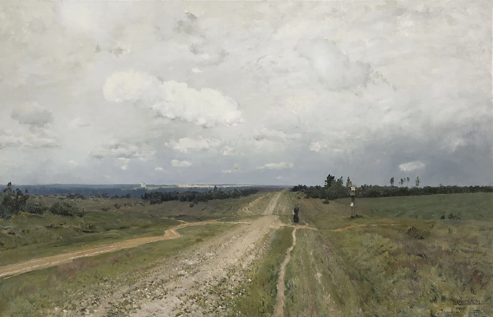 Isaac Levitan's painting Vladimirka: an empty rutted road running east across flat grassland under a heavy grey sky, the route convicts walked into Siberian exile