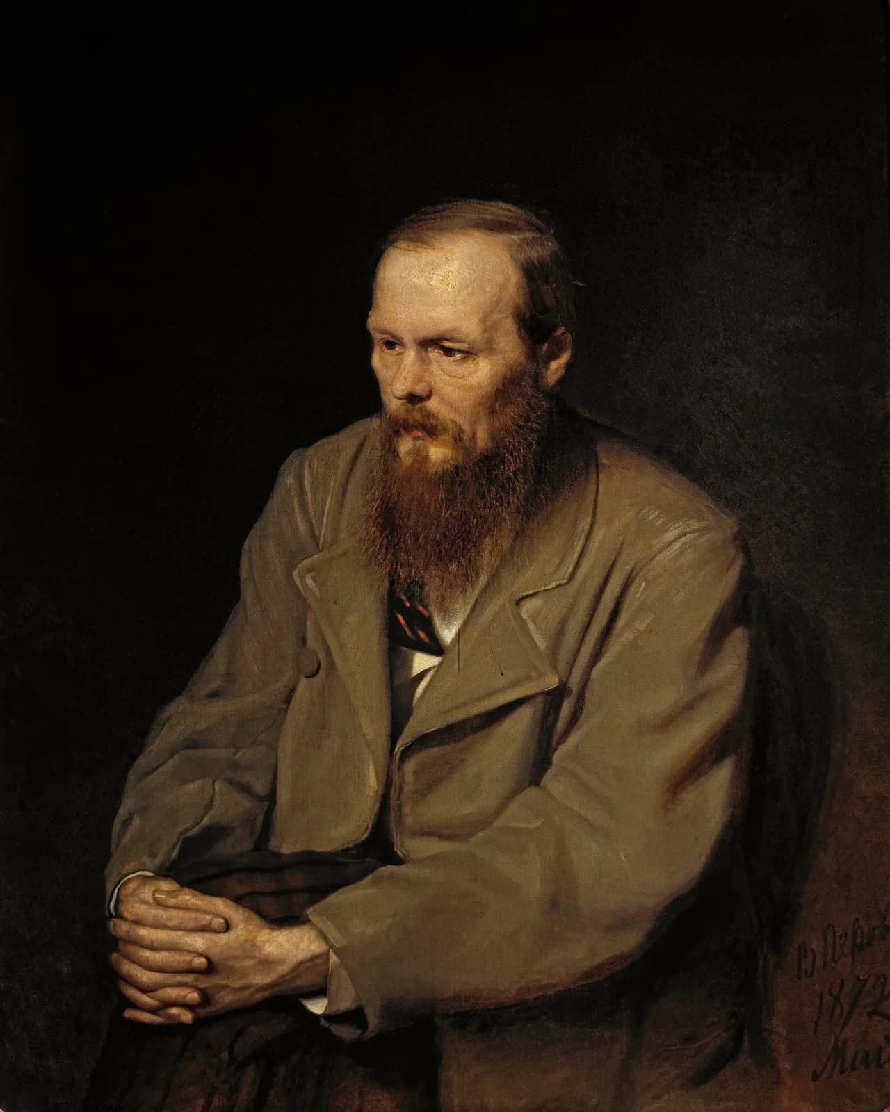Vasily Perov's 1872 portrait of Fyodor Dostoevsky, seated in a dark coat with his hands clasped over one knee, looking down and away