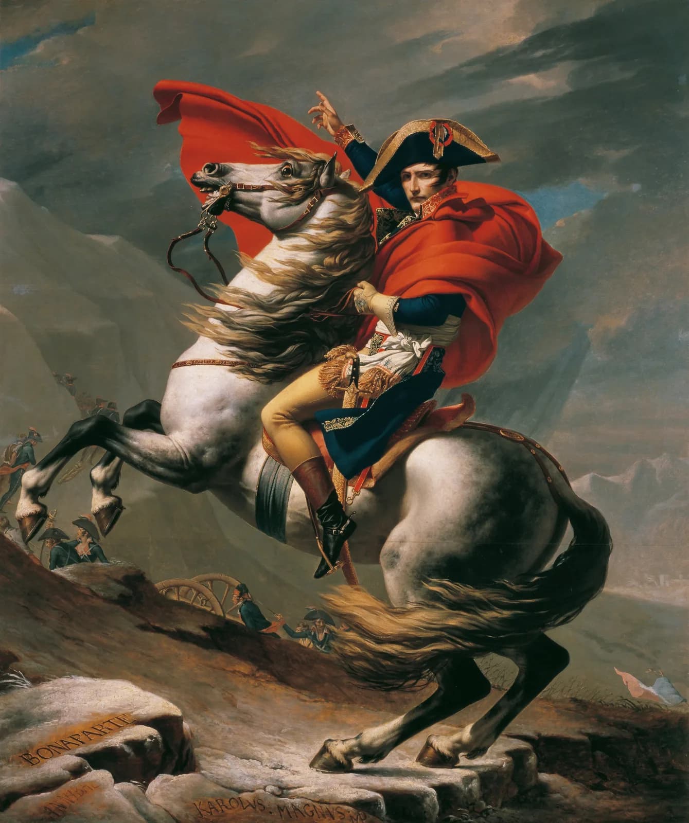 Jacques-Louis David's painting of Napoleon on a rearing horse at the Great St Bernard pass, cloak flying, one arm raised toward the mountain road