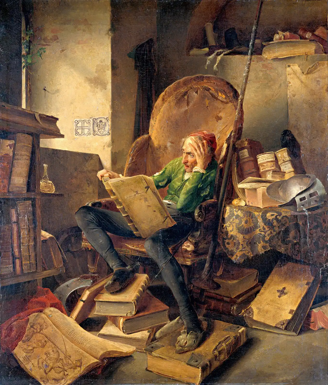 Adolf Schrödter's 1834 painting of a reader buried in his library: an old man in a green doublet and red cap sits sunk in a worn leather armchair, head propped on one hand, an open illuminated tome on his lap, surrounded by dozens of stacked and open books, with a lance, a helmet and a sword on the table beside him