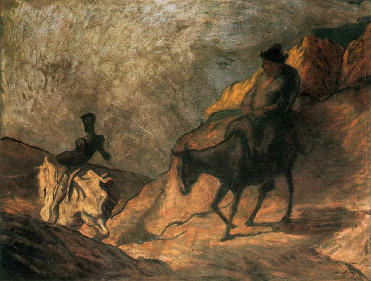 Honoré Daumier's loosely brushed oil of Don Quixote and Sancho Panza: a tall gaunt rider in a dark cloak and wide-brimmed hat comes down a sunlit ochre hillside on a thin mount, with a small dark silhouette of Sancho on his own animal trailing on a rise behind him under a heavy grey-brown sky